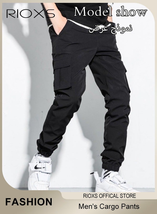 ريوكس بنطلون كارغو كلاسيكي للرجال، بنطلون رياضي فضفاض بخصر مطاطي ورباط مع جيوب متعددة، بنطلون رياضي مريح وقابل للتنفس مع أساور، بنطلون رياضي للرجال، بنطلون رياضي مطاطي للخروج والسفر والرياضة والترفيه اليومي، أسود - Image 4