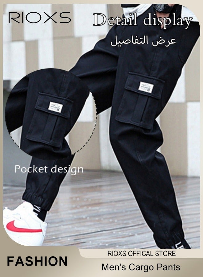 ريوكس بنطلون كارغو كلاسيكي للرجال، بنطلون رياضي فضفاض بخصر مطاطي ورباط مع جيوب متعددة، بنطلون رياضي مريح وقابل للتنفس مع أساور، بنطلون رياضي للرجال، بنطلون رياضي مطاطي للخروج والسفر والرياضة والترفيه اليومي، أسود - Image 5