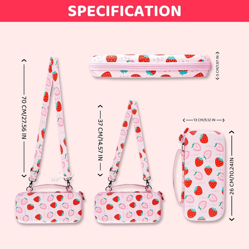 GLDRAM Pink Strawberry Carrying Case Bundle for Nintendo Switch Accessories, Cute Travel Case Kit with Soft TPU Cover, Game Case, Glass Screen Protector, Thumb Grip Caps, Shoulder Strap for Girls - Image 3