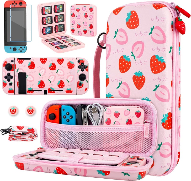 GLDRAM Pink Strawberry Carrying Case Bundle for Nintendo Switch Accessories, Cute Travel Case Kit with Soft TPU Cover, Game Case, Glass Screen Protector, Thumb Grip Caps, Shoulder Strap for Girls - Image 1