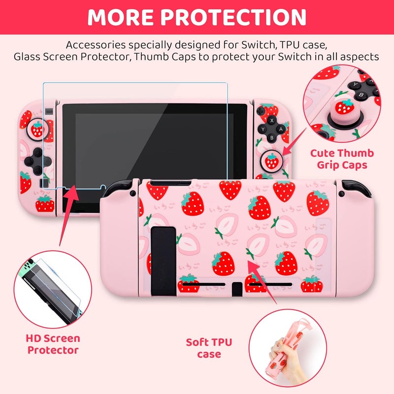 GLDRAM Pink Strawberry Carrying Case Bundle for Nintendo Switch Accessories, Cute Travel Case Kit with Soft TPU Cover, Game Case, Glass Screen Protector, Thumb Grip Caps, Shoulder Strap for Girls - Image 4