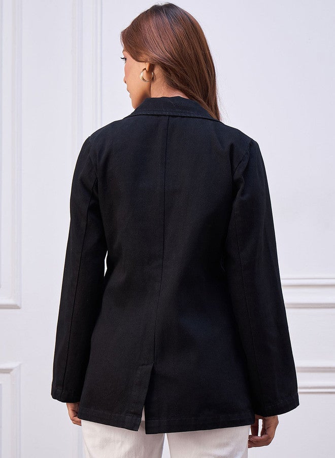 StyleStone Notched Lapel Single-Breasted Denim Blazer - Image 4