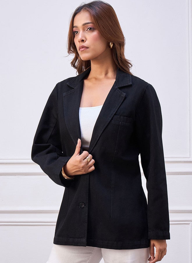StyleStone Notched Lapel Single-Breasted Denim Blazer - Image 3