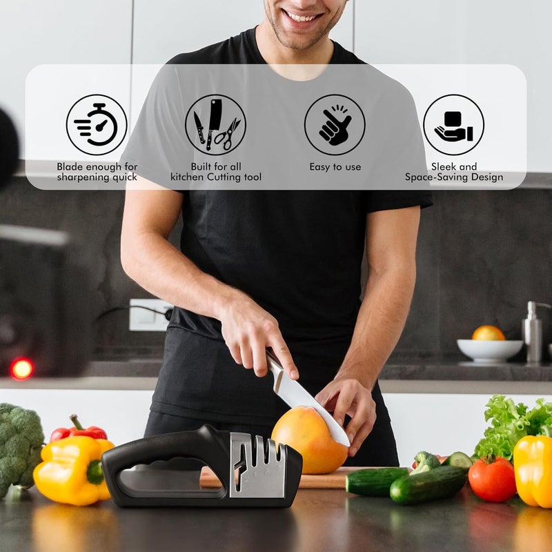 hotec 4in1 Knife Sharpener, 3 Stage Manual Sharpener for Sharpening Kitchen Knives 1 Stage for Scissors- Ceramic Stone, Tungsten Carbide Plates, Diamond rods - Image 4