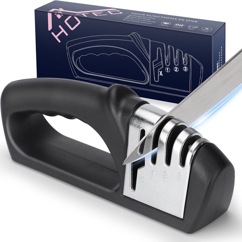 hotec 4in1 Knife Sharpener, 3 Stage Manual Sharpener for Sharpening Kitchen Knives 1 Stage for Scissors- Ceramic Stone, Tungsten Carbide Plates, Diamond rods - Image 1