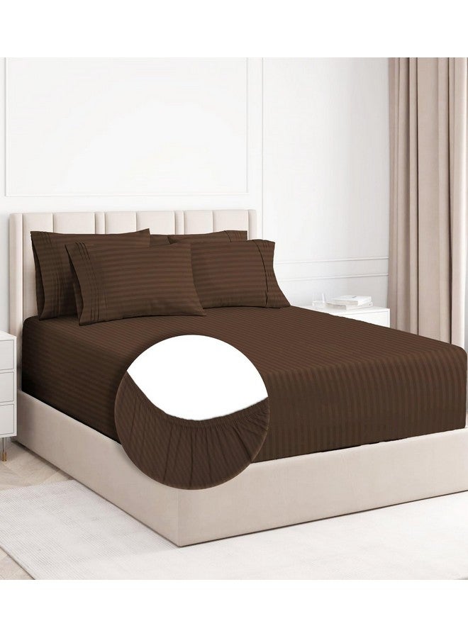 BSB HOME Premium Cotton 220tc Elastic Fitted Bedsheets with 2 Pillow Covers | King Size Bed with All Around Elastic 220 TC Supersoft Striped Pattren Breathable |Size-78 x72+10 inches |Coffee - Image 1