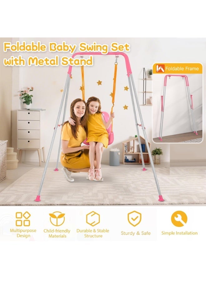 LIODUX 4-in-1 Baby Swing Set and Jumper, Foldable Metal Porch Swings Stand, Heavy Duty Kids Swing Stand, Maximum Weight 90KG, Easy to Assemble, Kids Bouncer for Indoor & Outdoor Playground, Pink - Image 3