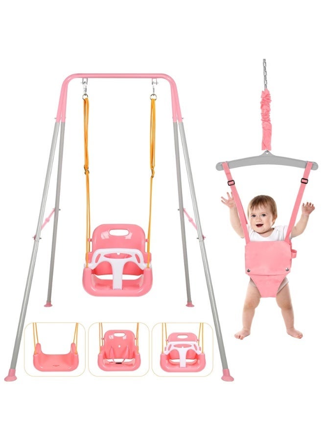 LIODUX 4-in-1 Baby Swing Set and Jumper, Foldable Metal Porch Swings Stand, Heavy Duty Kids Swing Stand, Maximum Weight 90KG, Easy to Assemble, Kids Bouncer for Indoor & Outdoor Playground, Pink - Image 1