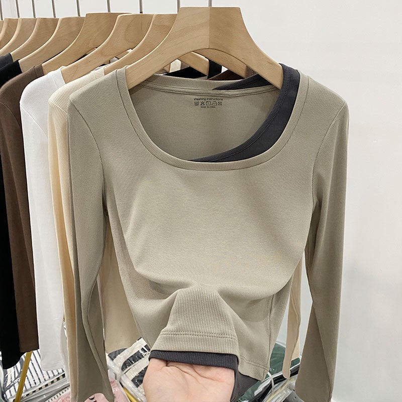 Real Shot Real Price Fake Two-piece Long-sleeved T-shirt Women's Spring Spring New Design Sense Square Collar Slim-fit Interior Stylized Base Shirt - Image 3