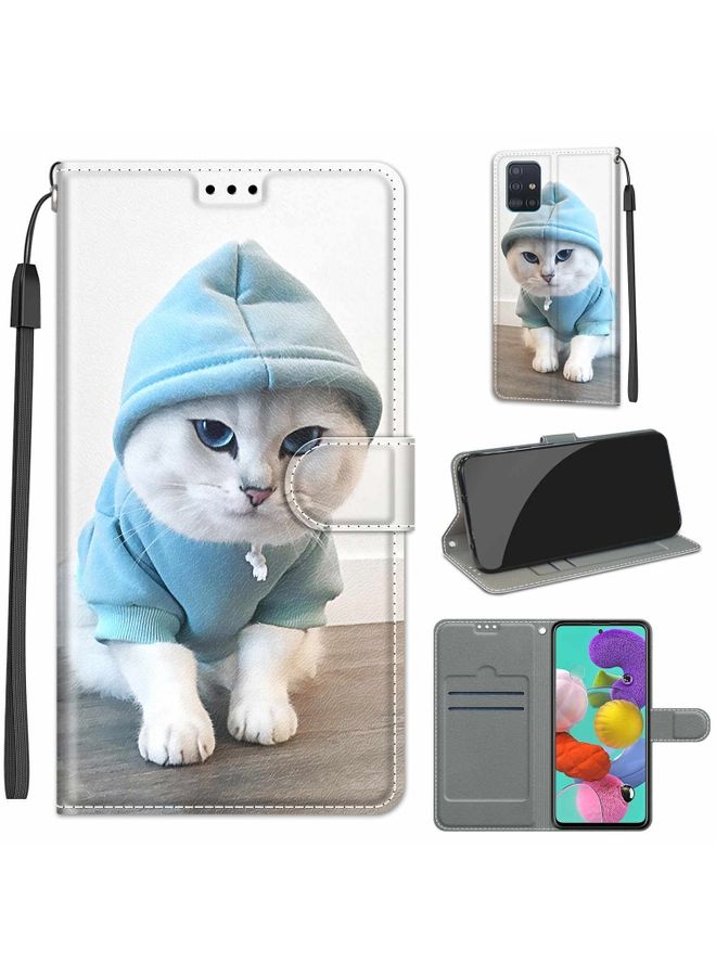Case Cover For Samsung Galaxy A51 Voltage Colored Drawing Magnetic Clasp Horizontal Flip PU Leather Case with Holder & Card Slots C15 Blue Sweater White Cat