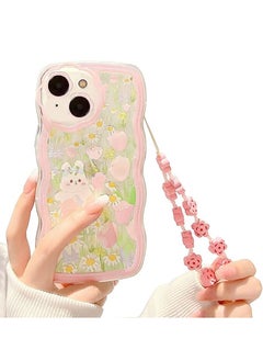 iPhone 14 Case Clear Cartoon Floral Rabbit with Heart Beaded Lanyard Wrist Strap for Women Girly Soft TPU Full Protective Cover for iPhone 14 Flower Rabbit