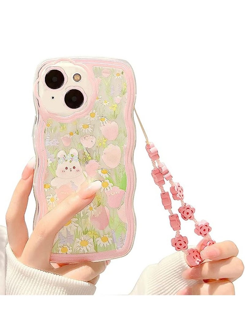 Generic - iPhone 14 Case Clear Cartoon Floral Rabbit with Heart Beaded Lanyard Wrist Strap for Women Girly Soft TPU Full Protective Cover for iPhone 14 Flower Rabbit - Image 1