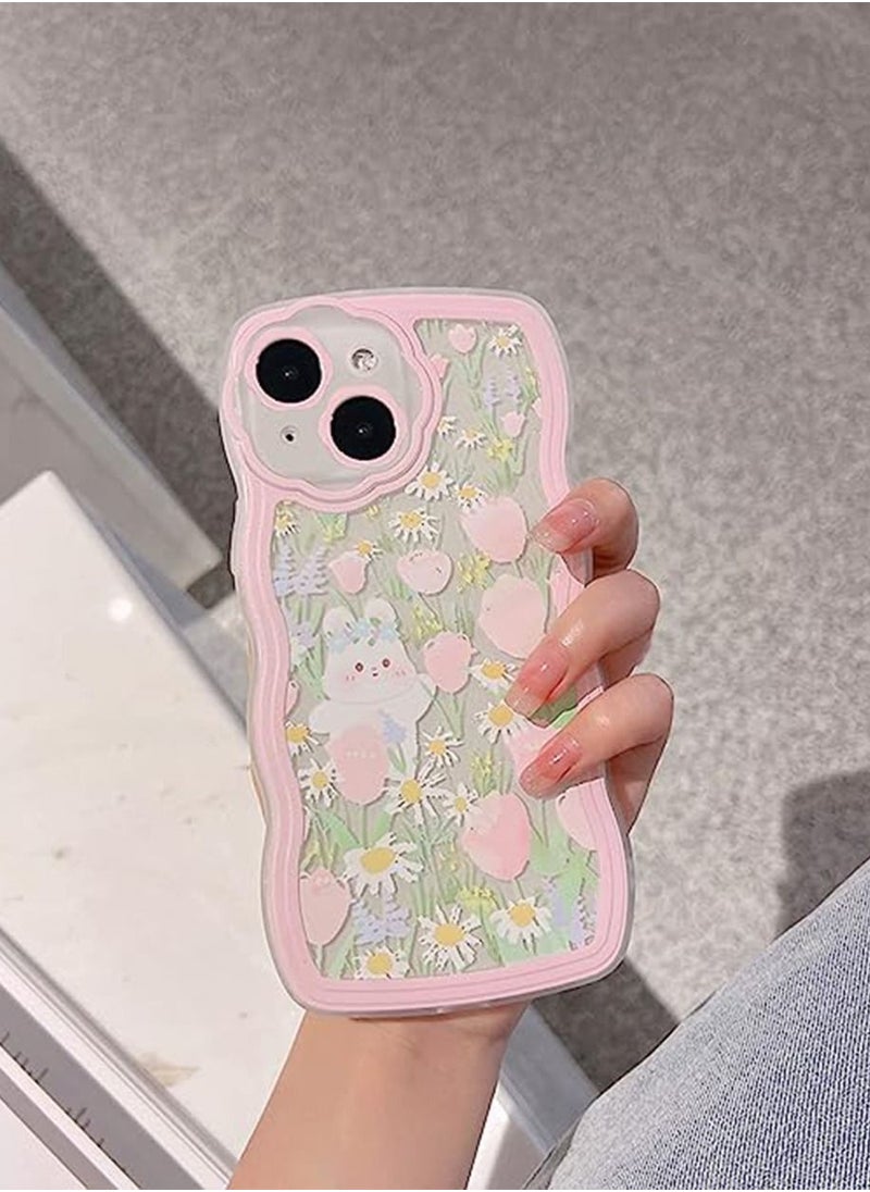 Generic - iPhone 14 Case Clear Cartoon Floral Rabbit with Heart Beaded Lanyard Wrist Strap for Women Girly Soft TPU Full Protective Cover for iPhone 14 Flower Rabbit - Image 1