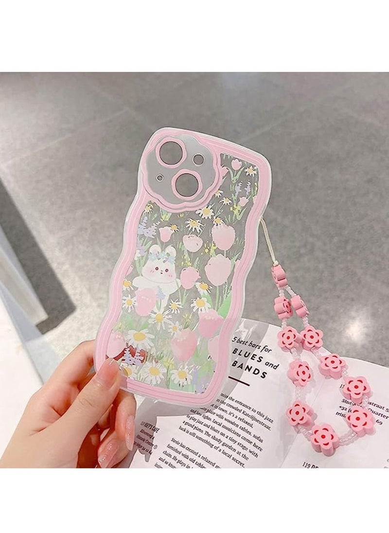 Generic - iPhone 14 Case Clear Cartoon Floral Rabbit with Heart Beaded Lanyard Wrist Strap for Women Girly Soft TPU Full Protective Cover for iPhone 14 Flower Rabbit - Image 1