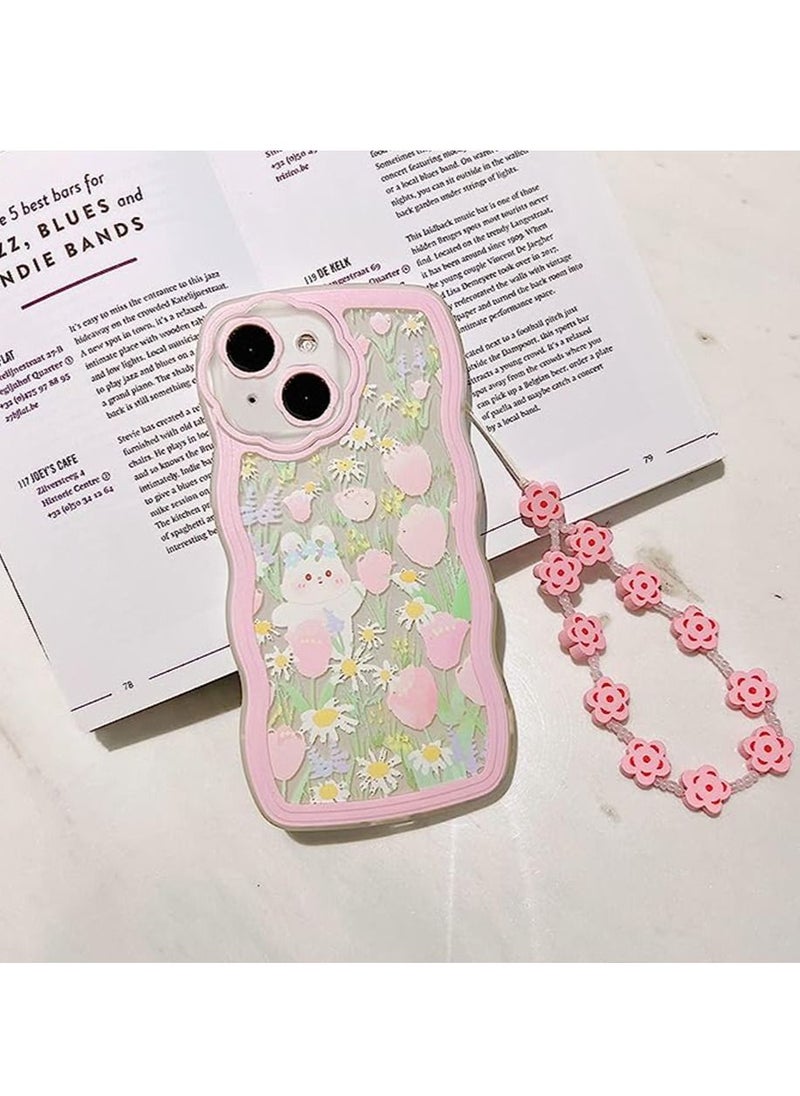 Generic - iPhone 14 Case Clear Cartoon Floral Rabbit with Heart Beaded Lanyard Wrist Strap for Women Girly Soft TPU Full Protective Cover for iPhone 14 Flower Rabbit - Image 1