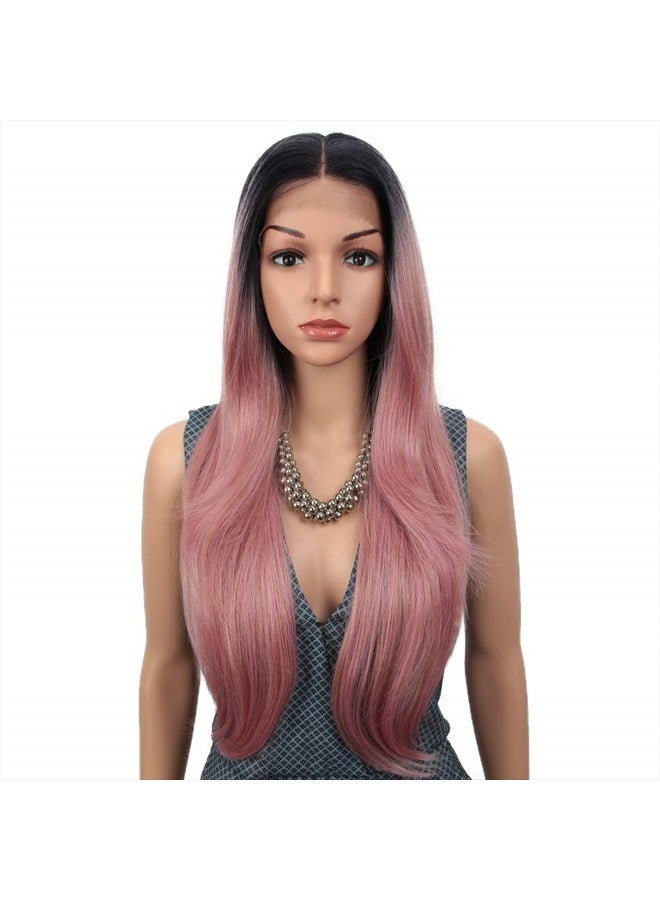 Joedir 28" Long Straight 13x4 Lace Frontal Wigs for Black Women Free Part Lace Front Wigs with Baby Hair Natural Hairline Ombre Black Root Easy-360 Synthetic Hair Wig Heat Resistant Fiber (Ombre Pink - Image 1