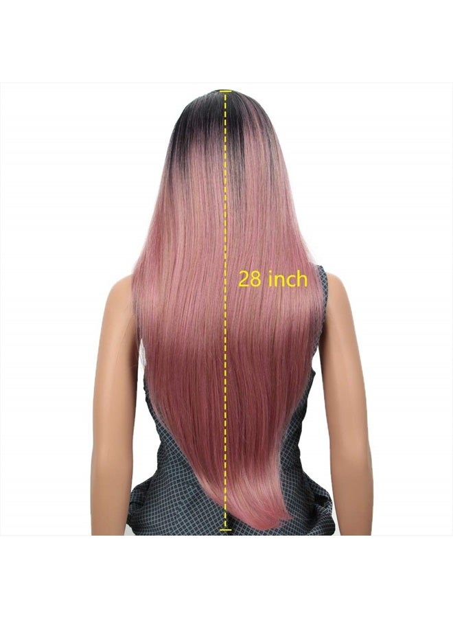 Joedir 28" Long Straight 13x4 Lace Frontal Wigs for Black Women Free Part Lace Front Wigs with Baby Hair Natural Hairline Ombre Black Root Easy-360 Synthetic Hair Wig Heat Resistant Fiber (Ombre Pink - Image 4