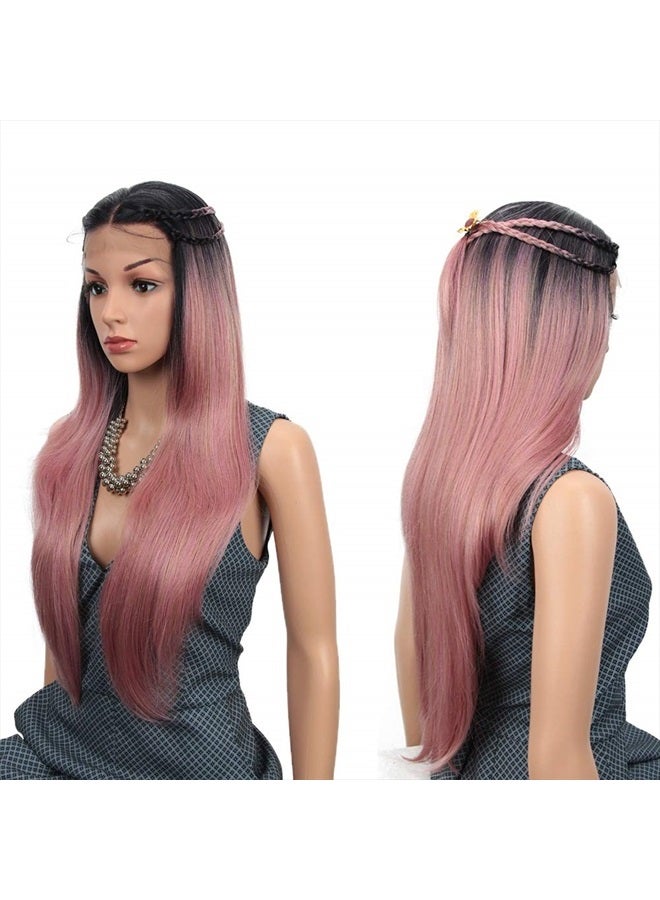Joedir 28" Long Straight 13x4 Lace Frontal Wigs for Black Women Free Part Lace Front Wigs with Baby Hair Natural Hairline Ombre Black Root Easy-360 Synthetic Hair Wig Heat Resistant Fiber (Ombre Pink - Image 3