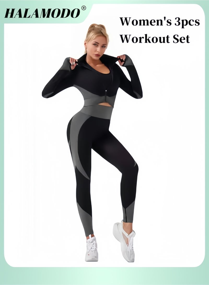 هالامودو طقم تمارين رياضية نسائية مكون من قطعة واحدة بلوزة قصيرة نسائية وقطعة واحدة بنطال ضيق وقطعة واحدة حمالة صدر مطاطية ملابس رياضية رياضية ملابس رياضية للتمرين ملابس رياضية رياضية رياضية ملابس رياضية رياضية عالية الخصر للتحكم في البطن بنطال رياضي للرياضة والجري واليوغا - Image 1