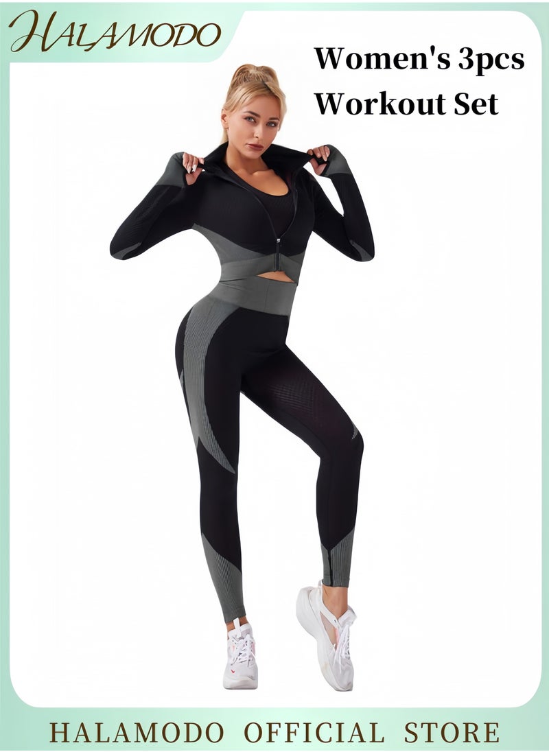 HALAMODO Women's Workout Set of 1pc Crop Top & 1pc Legging & 1pc Stretch Sports Bra Sportswear Gym Workout Outfits Active Wear High Waist Tummy Control Sweatpants Fitness Sports & Running & Yoga  - Image 1