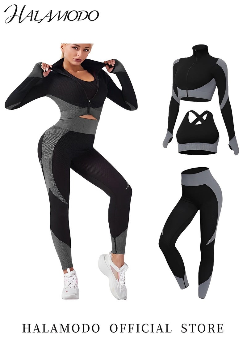HALAMODO Women's Workout Set of 1pc Crop Top & 1pc Legging & 1pc Stretch Sports Bra Sportswear Gym Workout Outfits Active Wear High Waist Tummy Control Sweatpants Fitness Sports & Running & Yoga  - Image 2