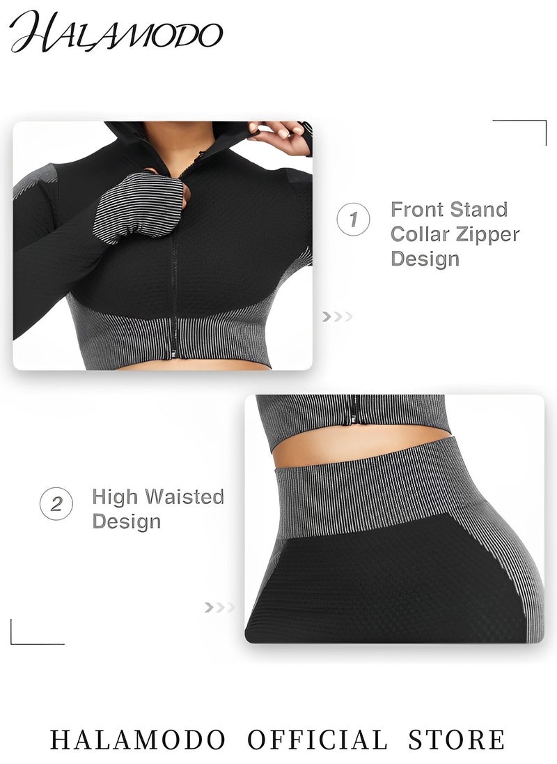 HALAMODO Women's Workout Set of 1pc Crop Top & 1pc Legging & 1pc Stretch Sports Bra Sportswear Gym Workout Outfits Active Wear High Waist Tummy Control Sweatpants Fitness Sports & Running & Yoga  - Image 3