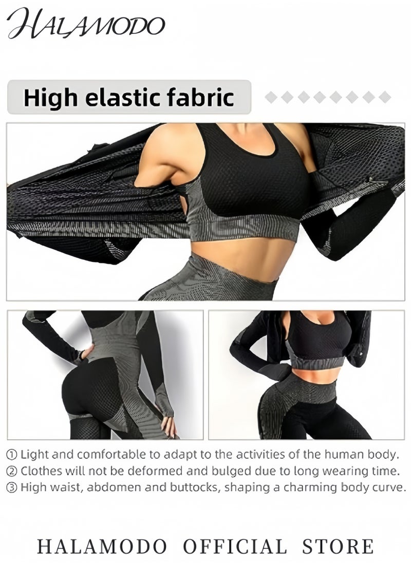 HALAMODO Women's Workout Set of 1pc Crop Top & 1pc Legging & 1pc Stretch Sports Bra Sportswear Gym Workout Outfits Active Wear High Waist Tummy Control Sweatpants Fitness Sports & Running & Yoga  - Image 4