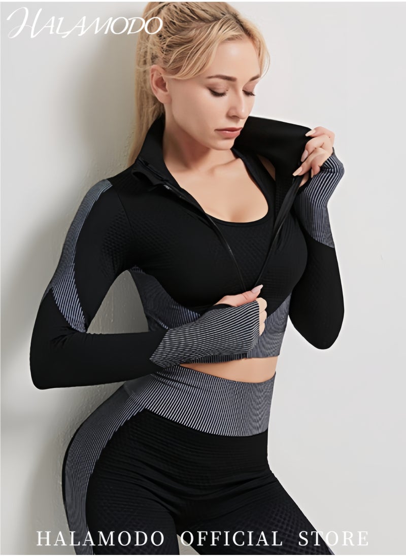 HALAMODO Women's Workout Set of 1pc Crop Top & 1pc Legging & 1pc Stretch Sports Bra Sportswear Gym Workout Outfits Active Wear High Waist Tummy Control Sweatpants Fitness Sports & Running & Yoga  - Image 5