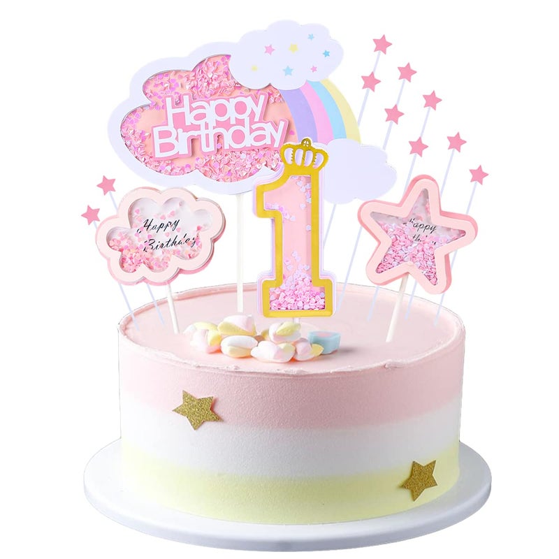 Kawailay Baby Girl 1st Birthday Cake Decoration Set First Birthday Cake Topper with Rainbow Clouds Stars Cake Picks One Year Old Cake Topper for Baby Shower Girl Birthday Party Supplies Pink - Image 2