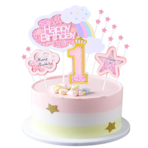 Kawailay Baby Girl 1st Birthday Cake Decoration Set First Birthday Cake Topper with Rainbow Clouds Stars Cake Picks One Year Old Cake Topper for Baby Shower Girl Birthday Party Supplies Pink - Image 1