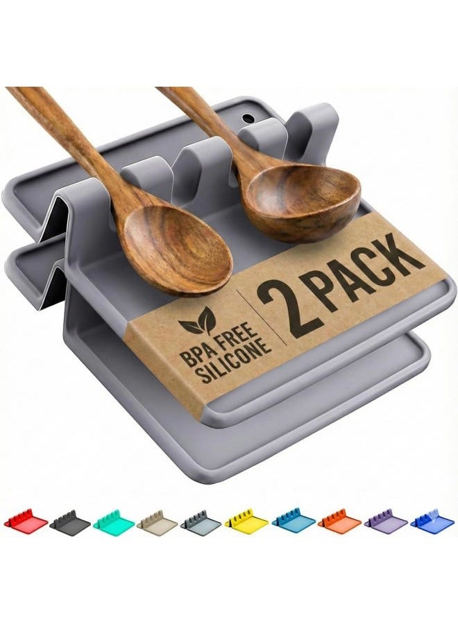 Cooler Kitchen Silicone Spoon Rest for Stove Top with Drip Pad (Two Pack) - Heat Resistant, BPA Free Utensil Rest & Spoon Holder for Counter - Grill Utensil Holder for Spatulas, Tongs, Ladles (Grey) - Image 1