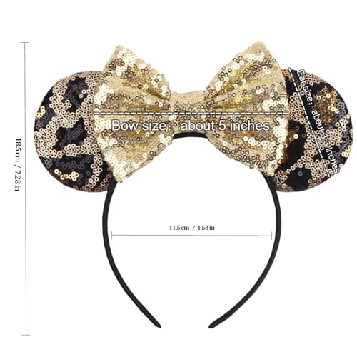 Foeran Mouse Ears Headbands Shiny Bows Mouse Ears Glitter Party Princess Decoration Cosplay Costume for Girls Women (Leopard/Gold) - Image 5