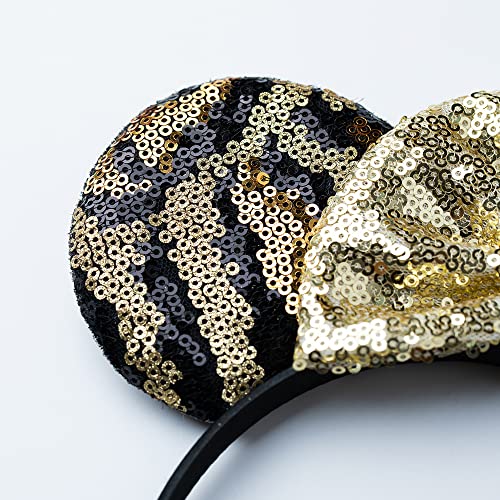 Foeran Mouse Ears Headbands Shiny Bows Mouse Ears Glitter Party Princess Decoration Cosplay Costume for Girls Women (Leopard/Gold) - Image 3