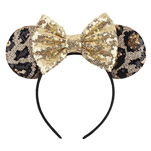 Foeran Mouse Ears Headbands Shiny Bows Mouse Ears Glitter Party Princess Decoration Cosplay Costume for Girls Women (Leopard/Gold) - Image 1