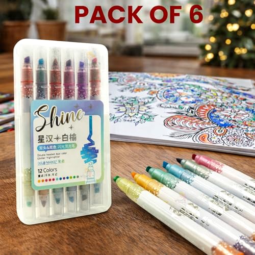 WISHKEY Double-Head Glitter Marker Pens, Shining Non-Toxic Ink, Quick Drying Shimmery Colorful Highlighter Pens for Multipurpose, Stationery Items for Kids and Adults, 8+ Years (Pack of 6, Multicolor) - Image 3