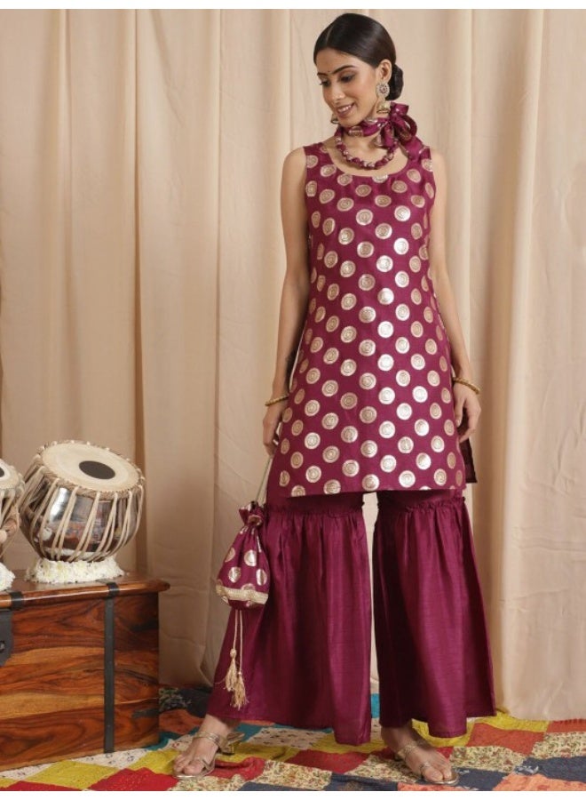 AKS Maroon Foil Print Kurta Sharara With Potli Bag & Necklace - Image 1