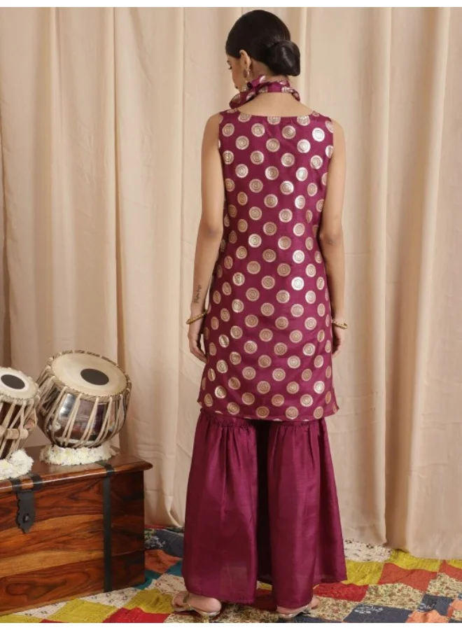 AKS Maroon Foil Print Kurta Sharara With Potli Bag & Necklace