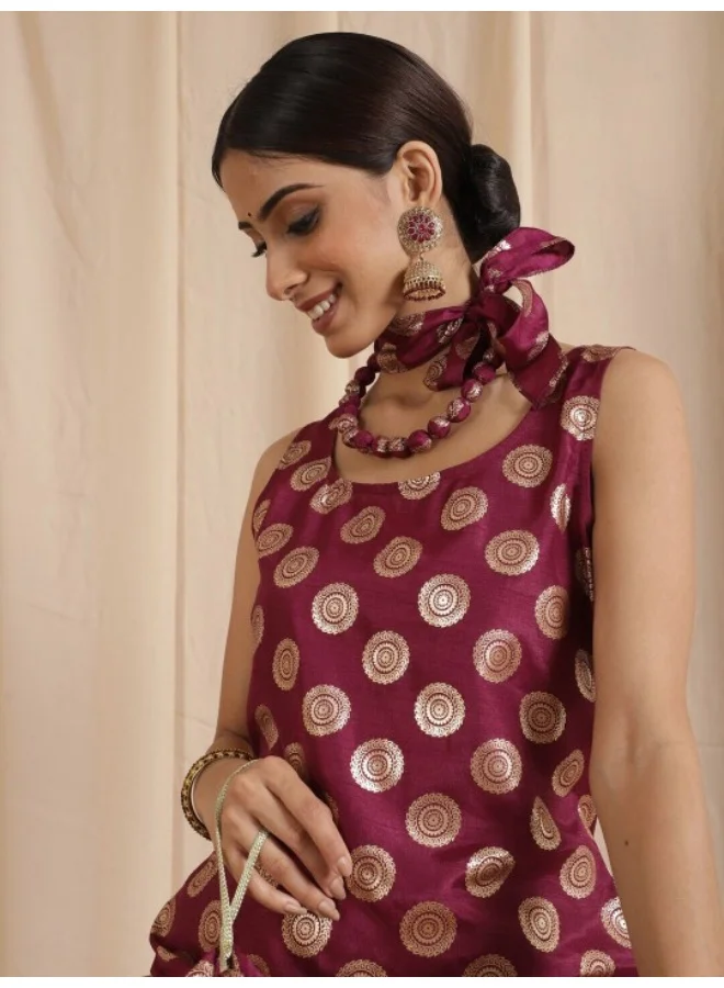 AKS Maroon Foil Print Kurta Sharara With Potli Bag & Necklace