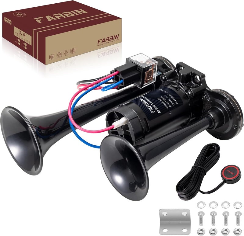 FARBIN Black Air Horn for Truck and Car - Loud Dual Trumpet with Compressor, 12V - Image 1