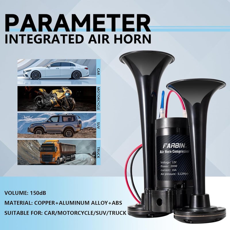 FARBIN Black Air Horn for Truck and Car - Loud Dual Trumpet with Compressor, 12V - Image 2