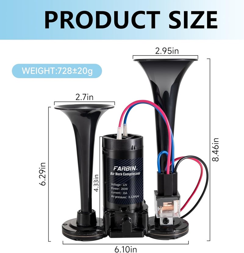 FARBIN Black Air Horn for Truck and Car - Loud Dual Trumpet with Compressor, 12V - Image 5
