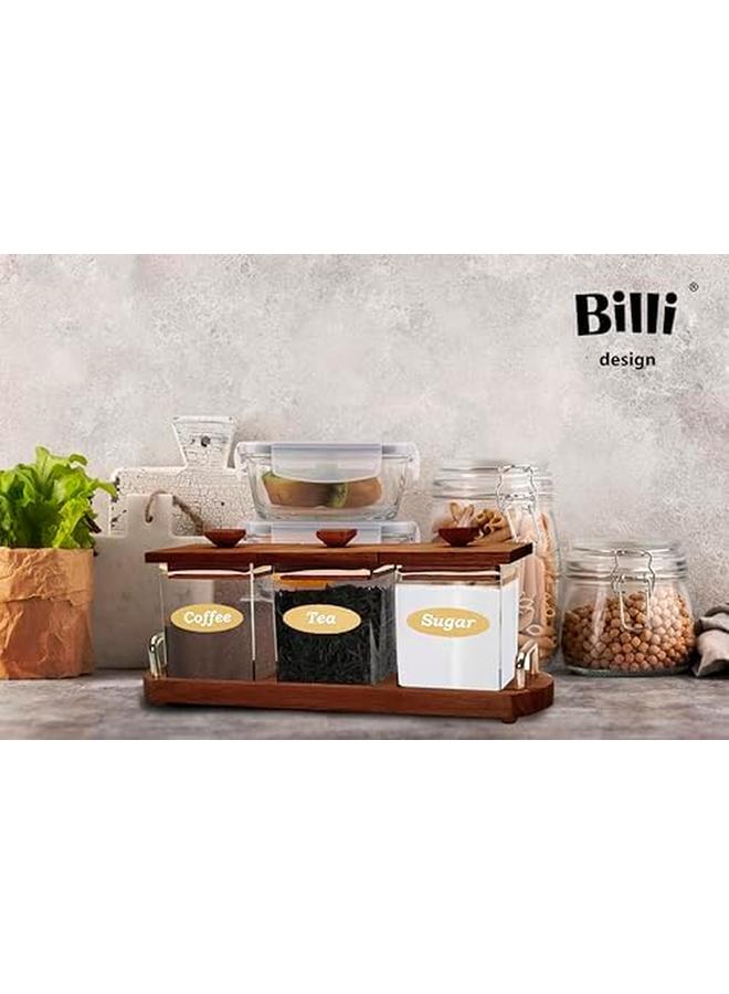 BILLI Coffee Tea And Sugar Canister Set With Wooden Lid And Stand - Image 2
