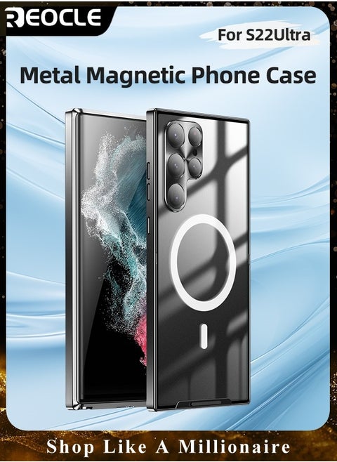 Samsung S22Ultra Mobile Phone Case Drop-Resistant Metal Shell Frosted Semi-Transparent Mobile Phone Case Full Protection Plating Anti-Scratch Slim Thin Case Cover with Magnetic Suction Function and Camera Lens Protector