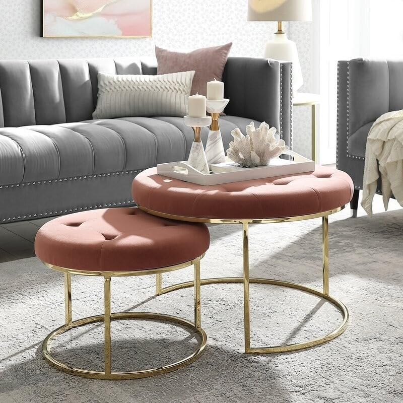 RIGHT CHOICE FURNITURE Right Choice Furnish Round Coffee Table Iron Velvet Large for Living Room Button Tufted Cocktail Ottoman Coffee Table with Velvet Padded Seat Set of 2 Pink