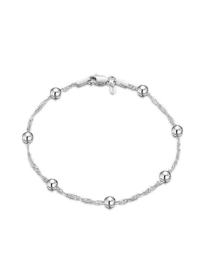 Amberta 925 Sterling Silver 1.4 Singapore Chain Bracelet With 4 Mm Ball Beads Length 7.5" Inch / 19 Cm (7.5) - Image 1