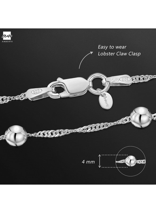Amberta 925 Sterling Silver 1.4 Singapore Chain Bracelet With 4 Mm Ball Beads Length 7.5" Inch / 19 Cm (7.5) - Image 4