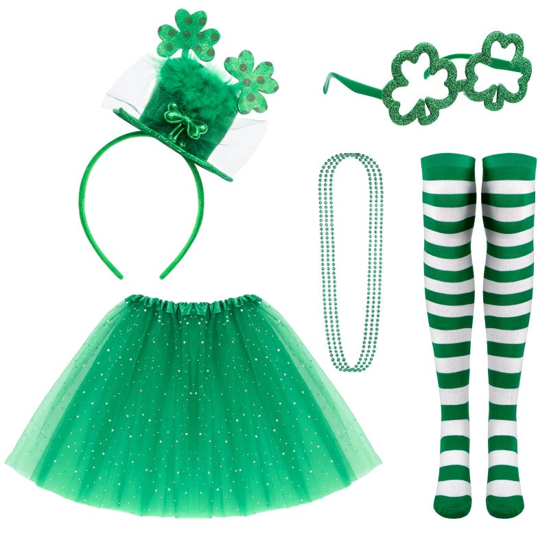 Hicarer 7 Pcs St Patrick's Day Leprechaun Costume Accessories for Women Include Tutu Skirt Headband Beaded Necklace Glasses (Polka Dot Clover) - Image 1