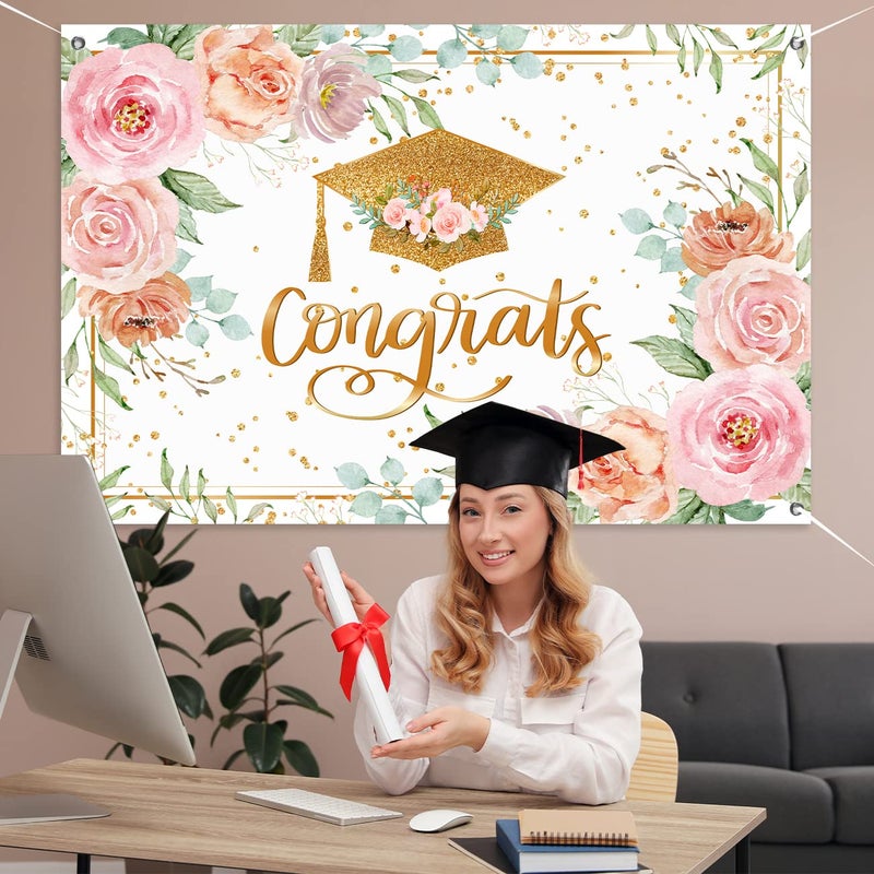 Haimimall Rose Gold Graduation Banner - Pink Floral Congrats Decorations - Large 59 * 39"" Graduation Party Background For Outdoor Indoor Use - Image 2