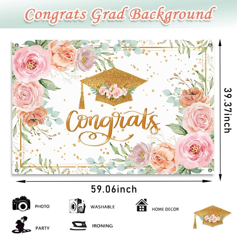 Haimimall Rose Gold Graduation Banner - Pink Floral Congrats Decorations - Large 59 * 39"" Graduation Party Background For Outdoor Indoor Use - Image 3