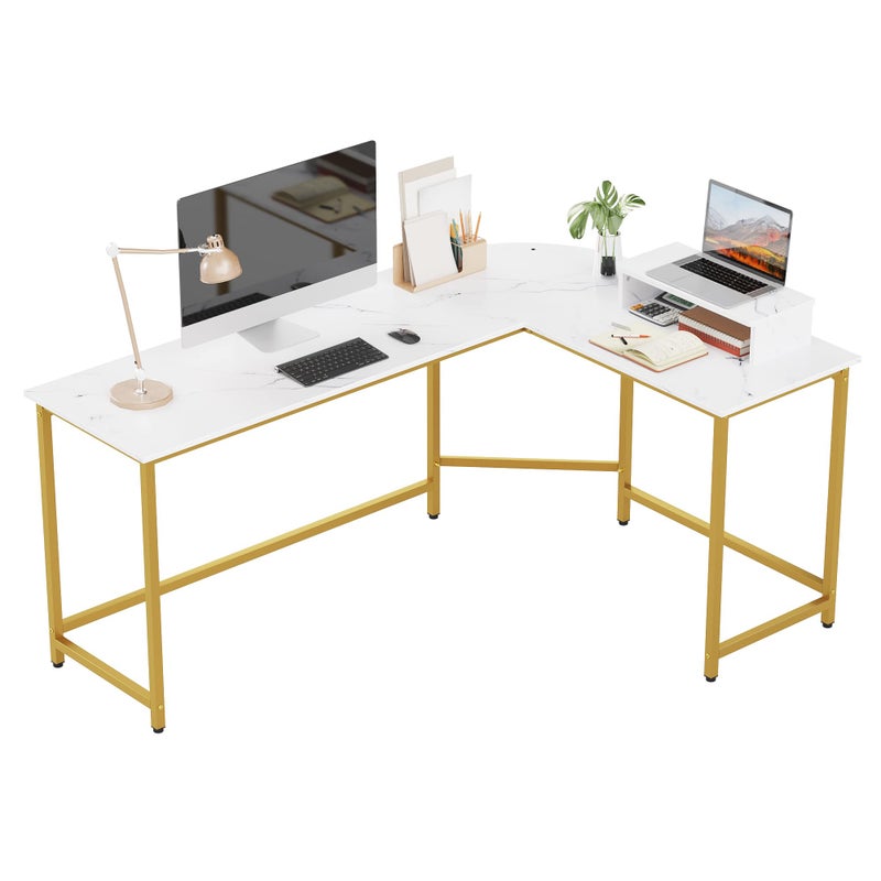 Weehom L Shaped Computer Desk with Monitor Stand Reversible Corner Desk for Home Office Modern PC Workstation Study Writing TableWhite and Gold